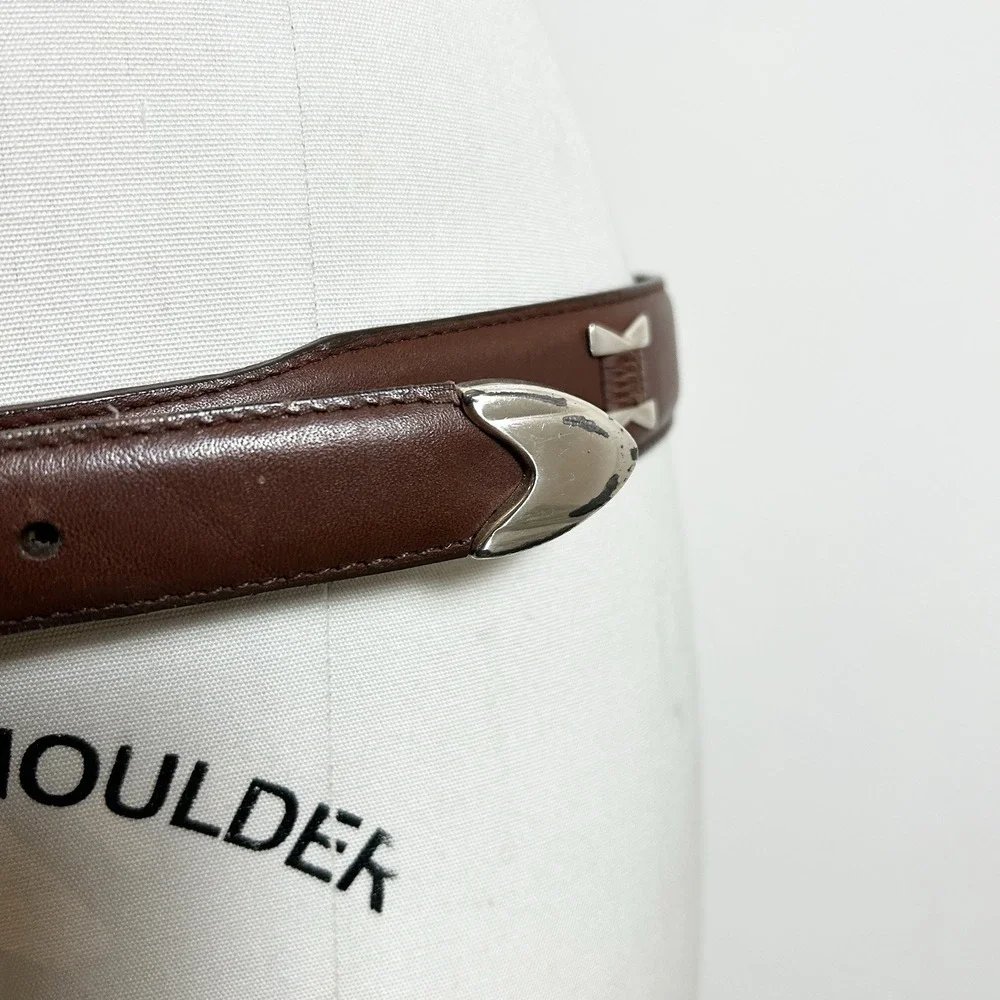 Vintage 100% Genuine Leather Brown Western-Style Unisex Belt Silver‎ Hardware